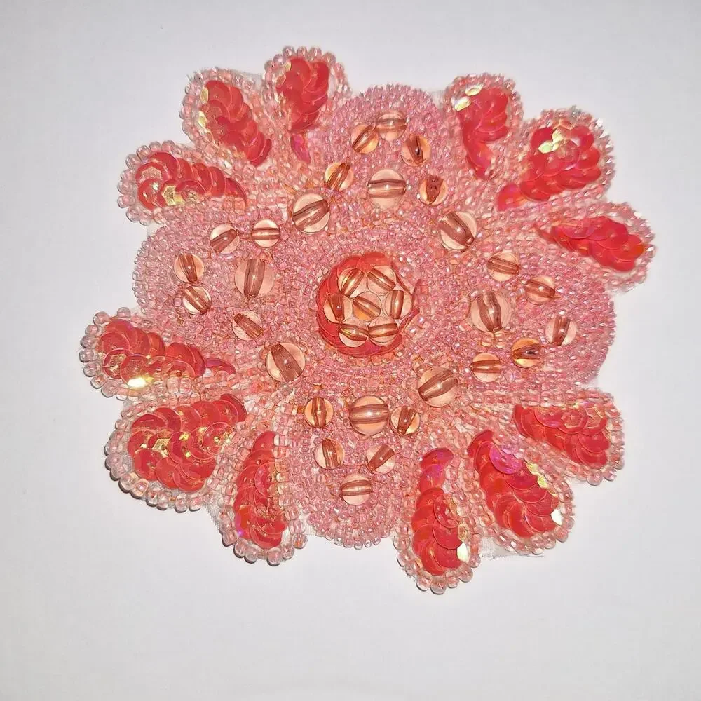 Coral bead and sequin applique flower design set of 2 NWOT